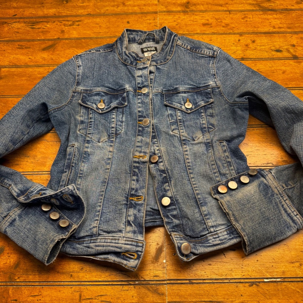 111 State Womens Denim Jacket Medium Wash Distressed Button Cuff Blue Size S